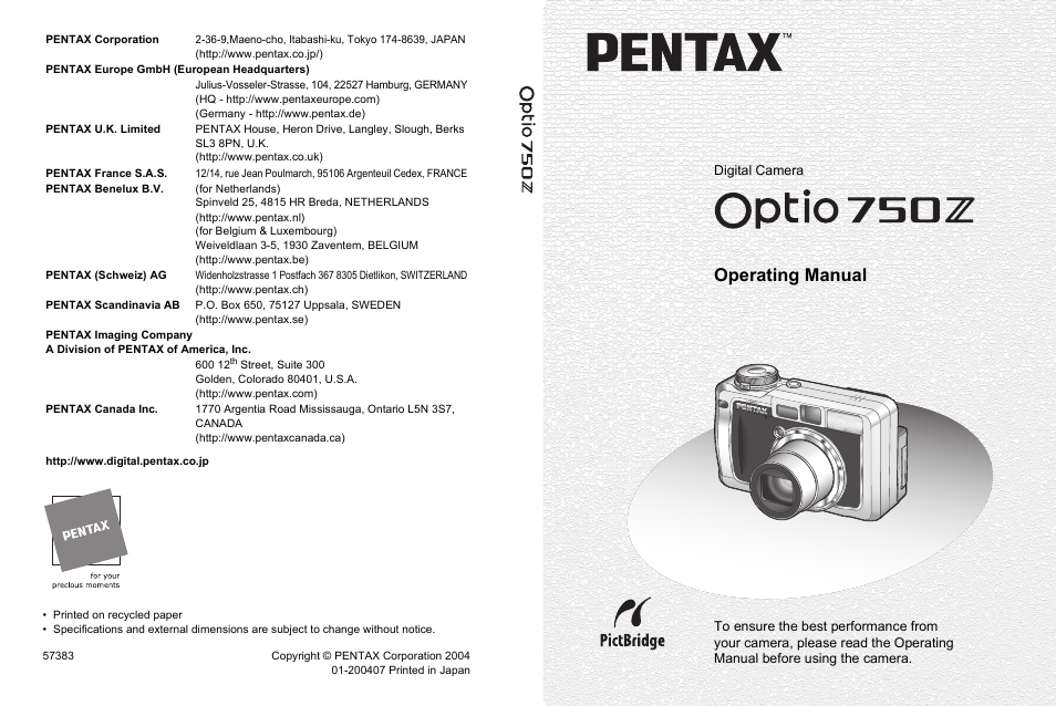 Operating manual, Digital camera | Pentax Optio Digital Camera 750Z User Manual | Page 200 / 200