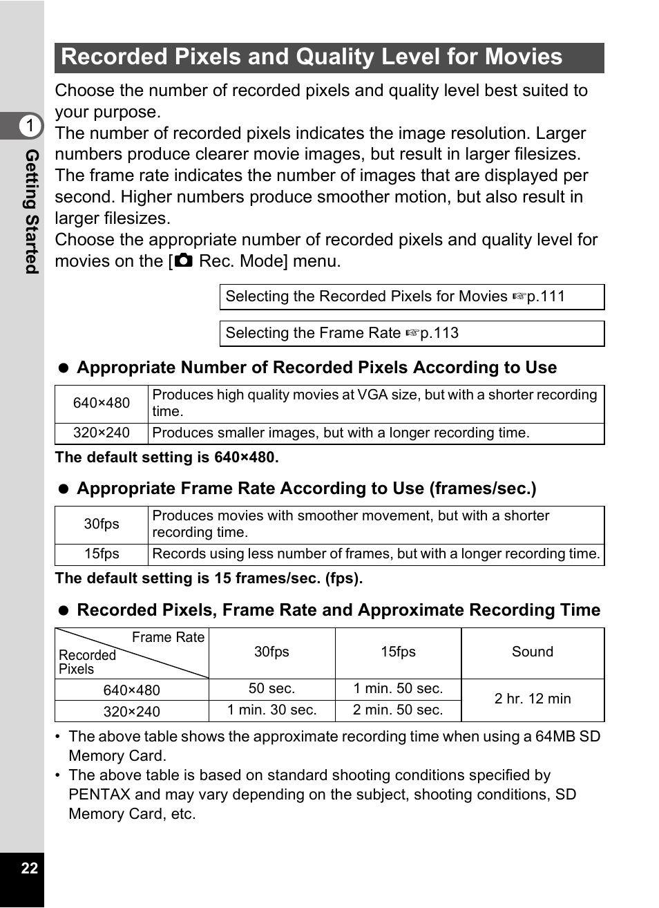 Recorded pixels and quality level for movies | Pentax Optio Digital Camera 750Z User Manual | Page 24 / 200
