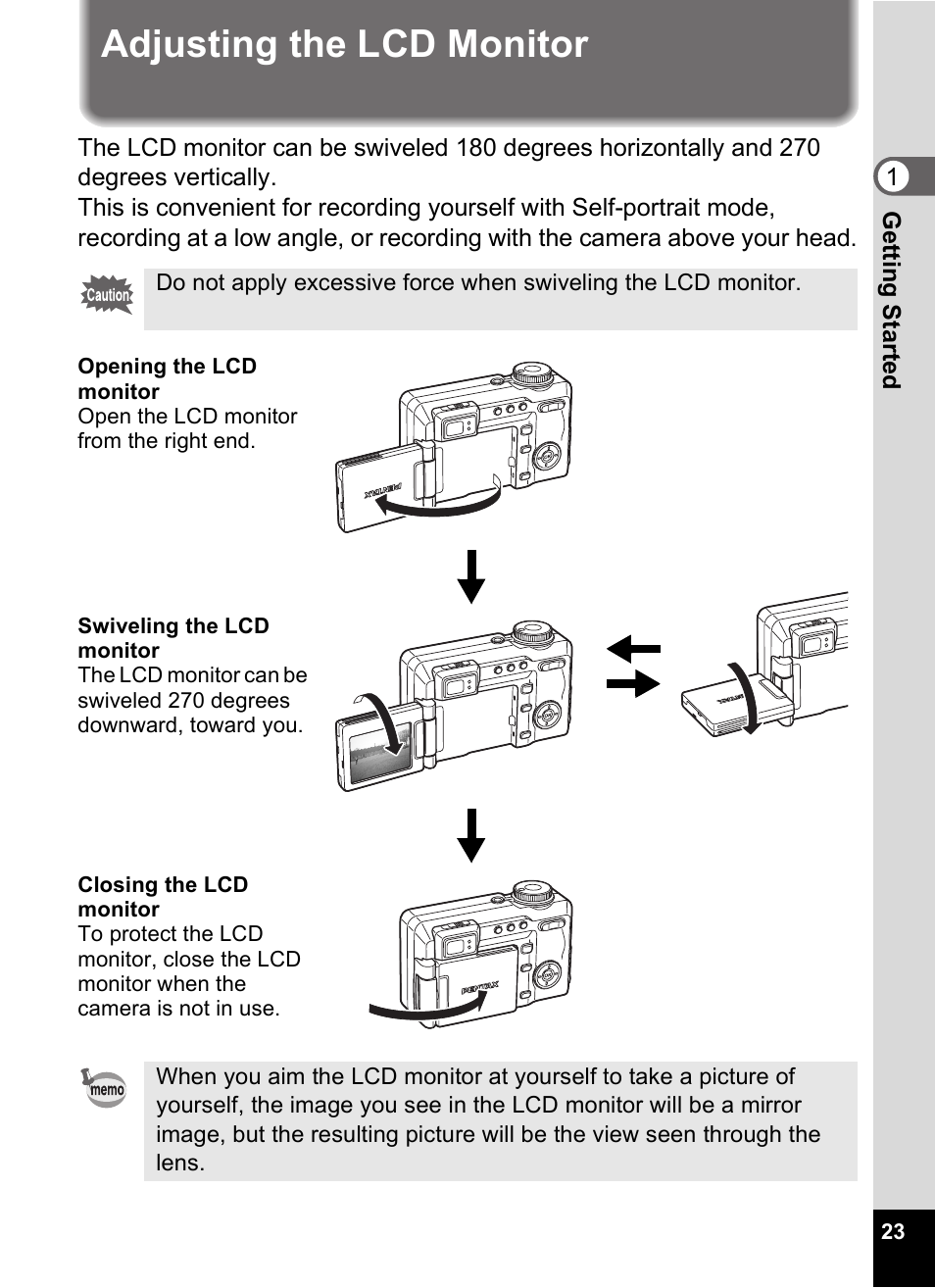 Adjusting the lcd monitor | Pentax Optio Digital Camera 750Z User Manual | Page 25 / 200