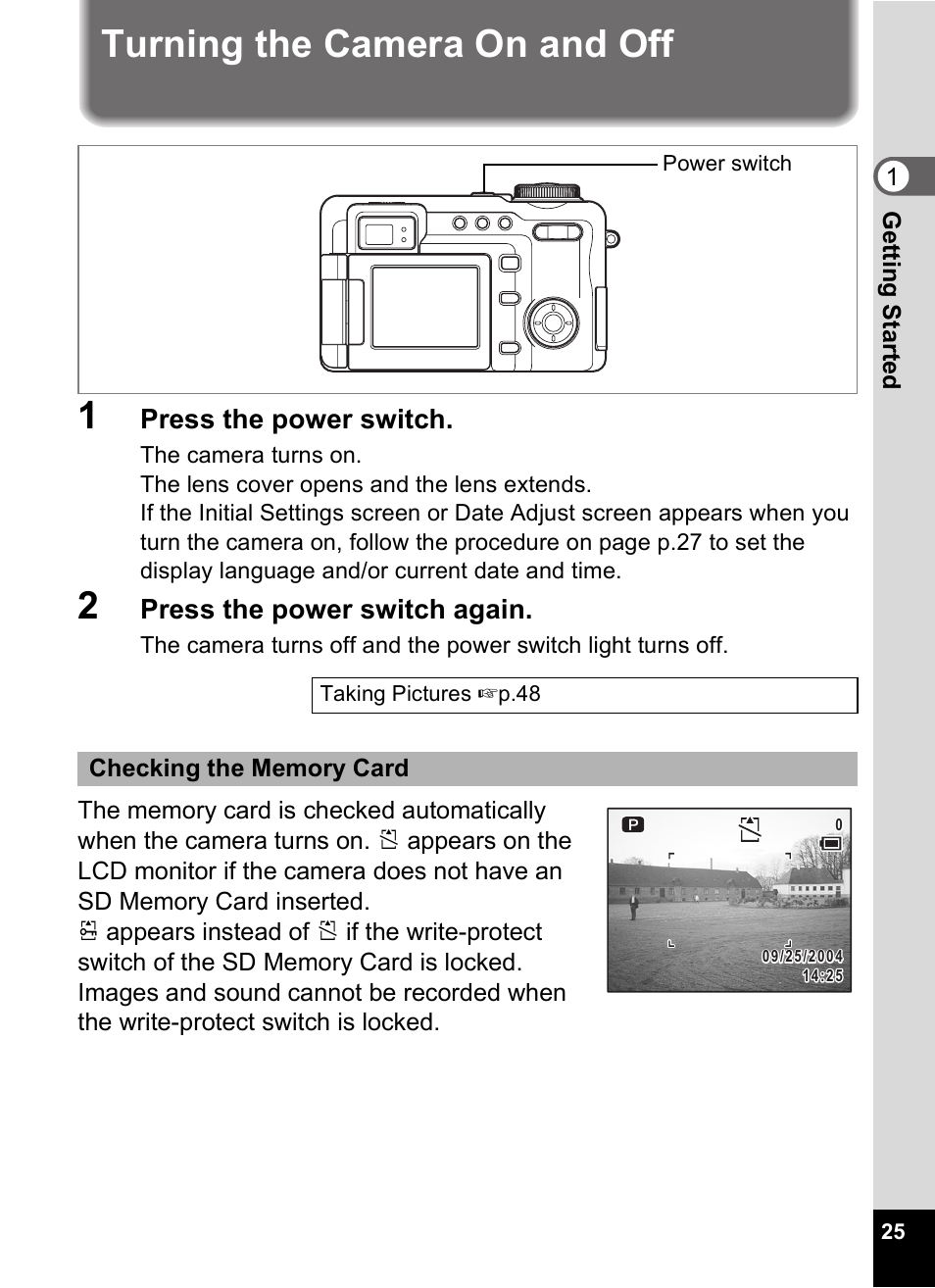 Turning the camera on and off, Turning the camera on and off 1, Press the power switch | Press the power switch again | Pentax Optio Digital Camera 750Z User Manual | Page 27 / 200