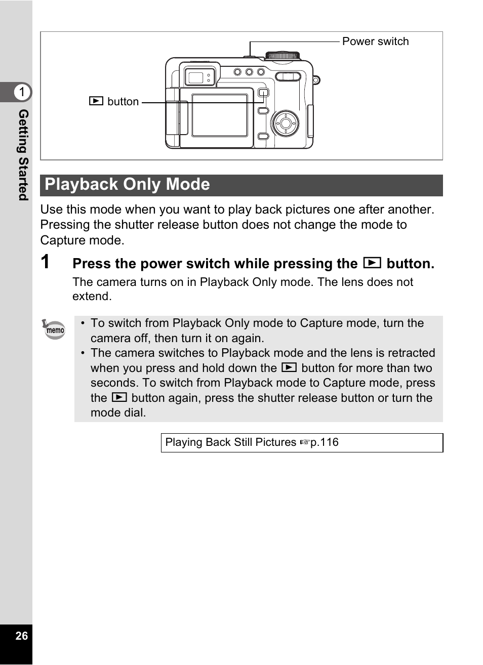 Playback only mode | Pentax Optio Digital Camera 750Z User Manual | Page 28 / 200