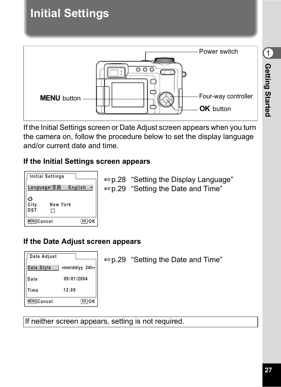 Initial settings, 1gettin g sta rte d | Pentax Optio Digital Camera 750Z User Manual | Page 29 / 200