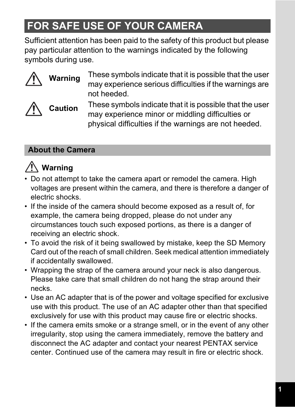 For safe use of your camera | Pentax Optio Digital Camera 750Z User Manual | Page 3 / 200