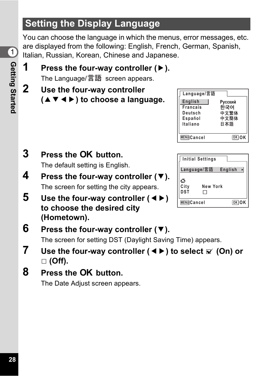 Setting the display language | Pentax Optio Digital Camera 750Z User Manual | Page 30 / 200