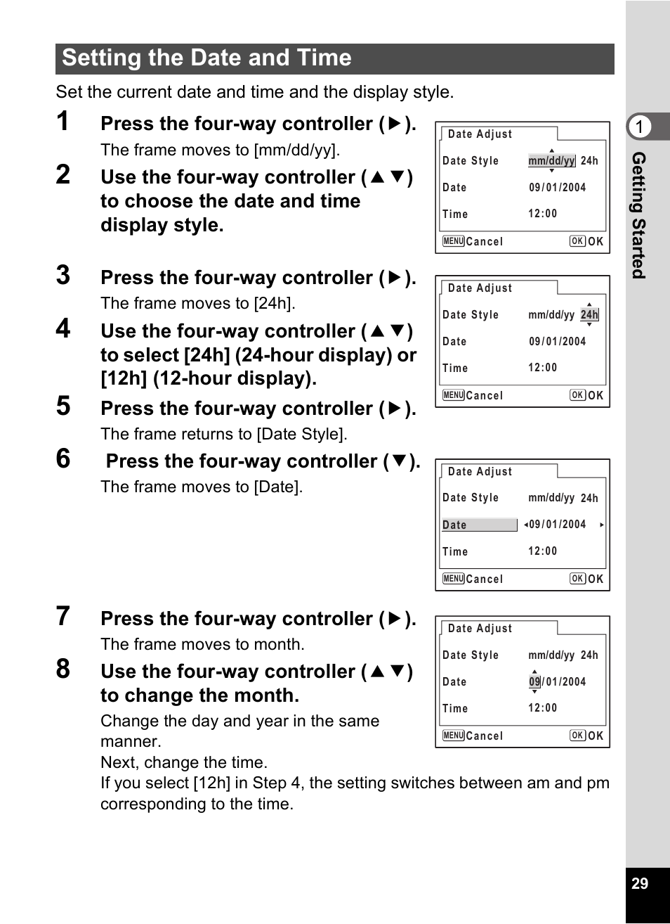 Setting the date and time, Press the four-way controller ( 5 ), Press the four-way controller ( 3 ) | Pentax Optio Digital Camera 750Z User Manual | Page 31 / 200