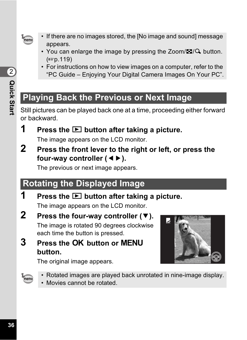 Playing back the previous or next image, Rotating the displayed image | Pentax Optio Digital Camera 750Z User Manual | Page 38 / 200