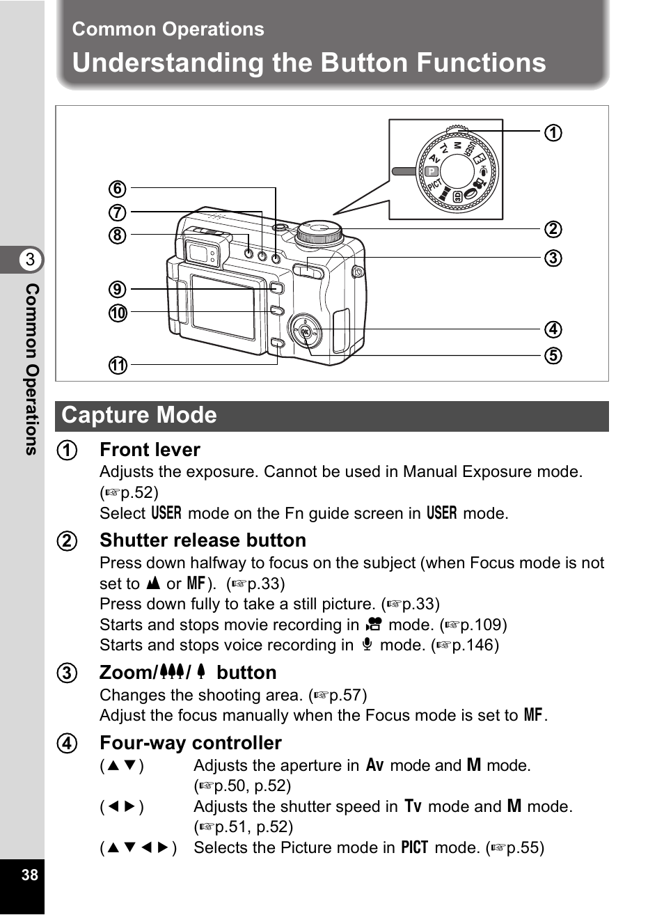 Common operations, Understanding the button functions, Capture mode | Pentax Optio Digital Camera 750Z User Manual | Page 40 / 200
