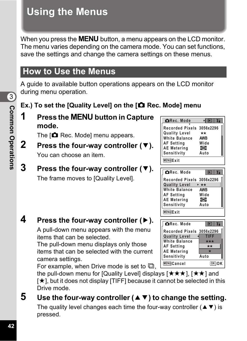 Using the menus, How to use the menus, 1p.42 | P.42, Press the 3 button in capture mode, Press the four-way controller ( 3 ), Press the four-way controller ( 5 ) | Pentax Optio Digital Camera 750Z User Manual | Page 44 / 200