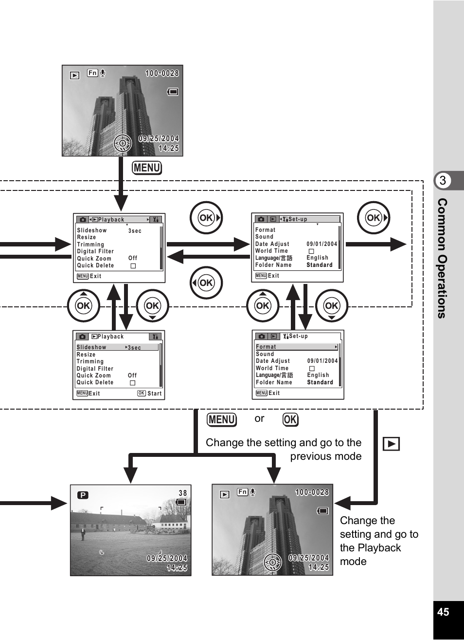 3com m on o p erati ons, Menu, Menu ok | Pentax Optio Digital Camera 750Z User Manual | Page 47 / 200