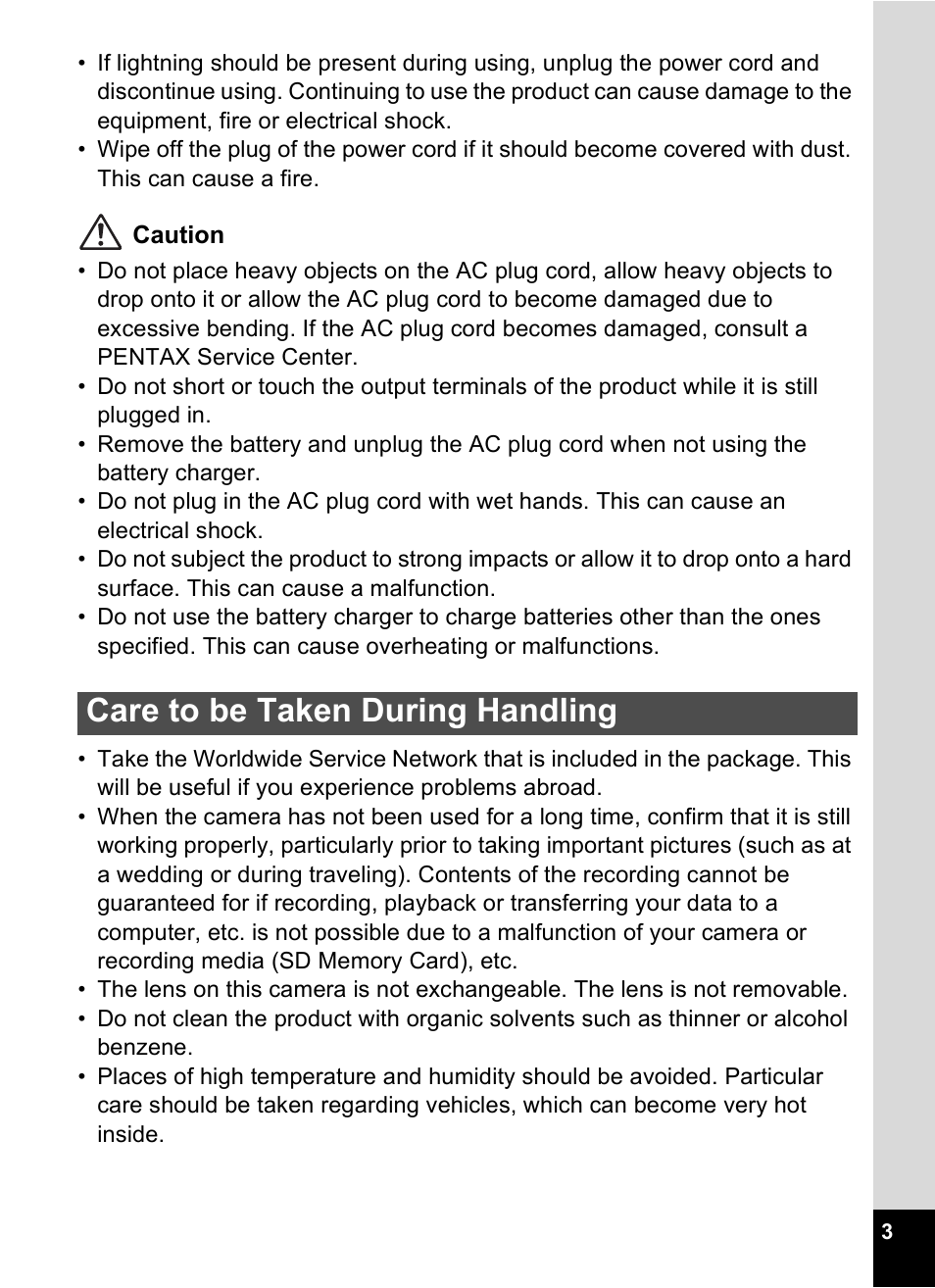 Care to be taken during handling | Pentax Optio Digital Camera 750Z User Manual | Page 5 / 200