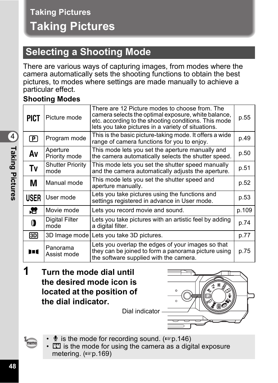 Taking pictures, Selecting a shooting mode | Pentax Optio Digital Camera 750Z User Manual | Page 50 / 200