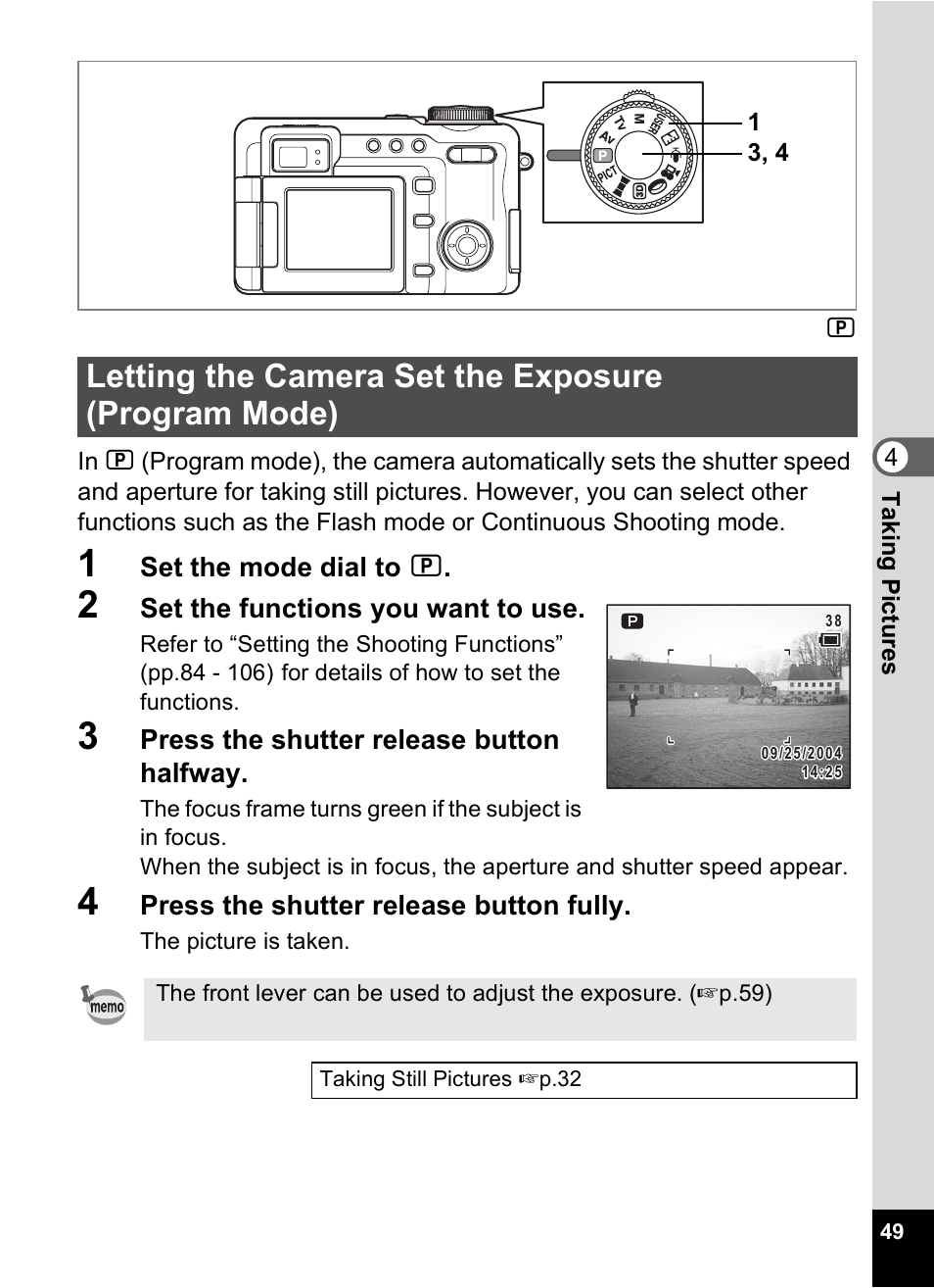 Letting the camera set the exposure (program mode), P.49 | Pentax Optio Digital Camera 750Z User Manual | Page 51 / 200