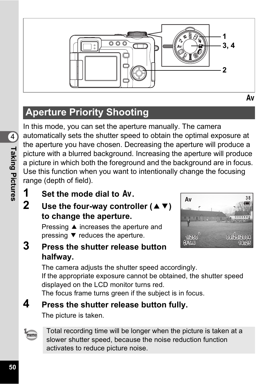 Aperture priority shooting, P.50, Set the mode dial to c | Press the shutter release button halfway, Press the shutter release button fully | Pentax Optio Digital Camera 750Z User Manual | Page 52 / 200