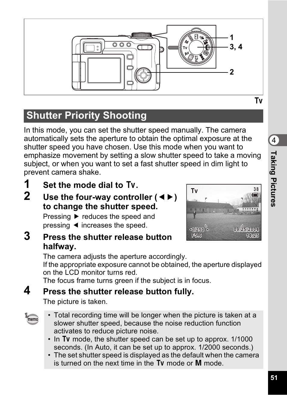 Shutter priority shooting, P.51, Set the mode dial to b | Press the shutter release button halfway, Press the shutter release button fully | Pentax Optio Digital Camera 750Z User Manual | Page 53 / 200