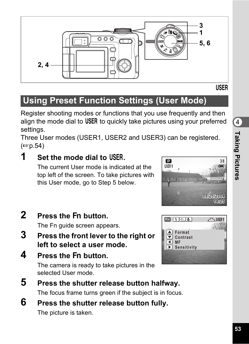 Using preset function settings (user mode), P.53 | Pentax Optio Digital Camera 750Z User Manual | Page 55 / 200