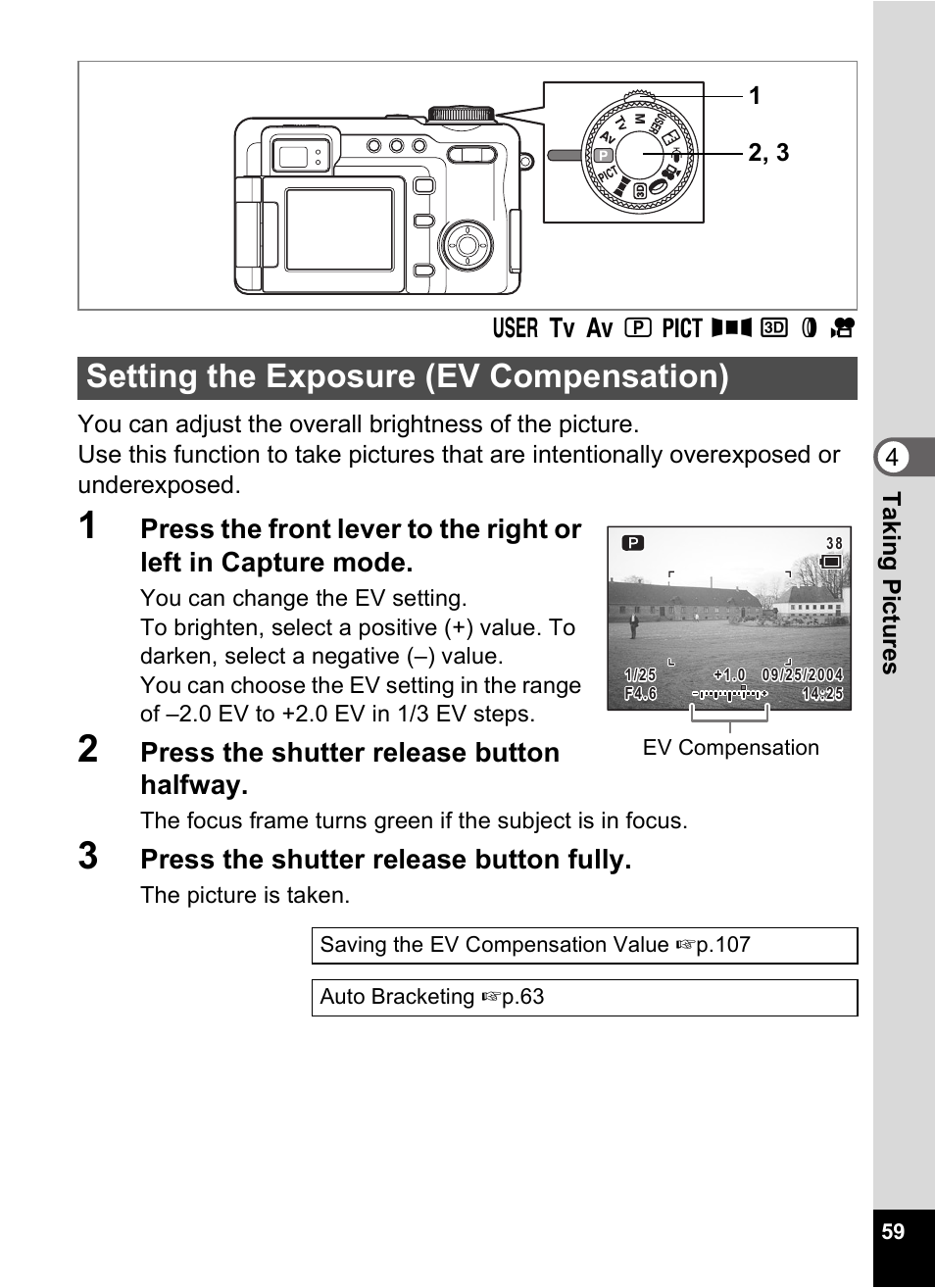 Setting the exposure (ev compensation), P.59), Press the shutter release button halfway | Press the shutter release button fully | Pentax Optio Digital Camera 750Z User Manual | Page 61 / 200