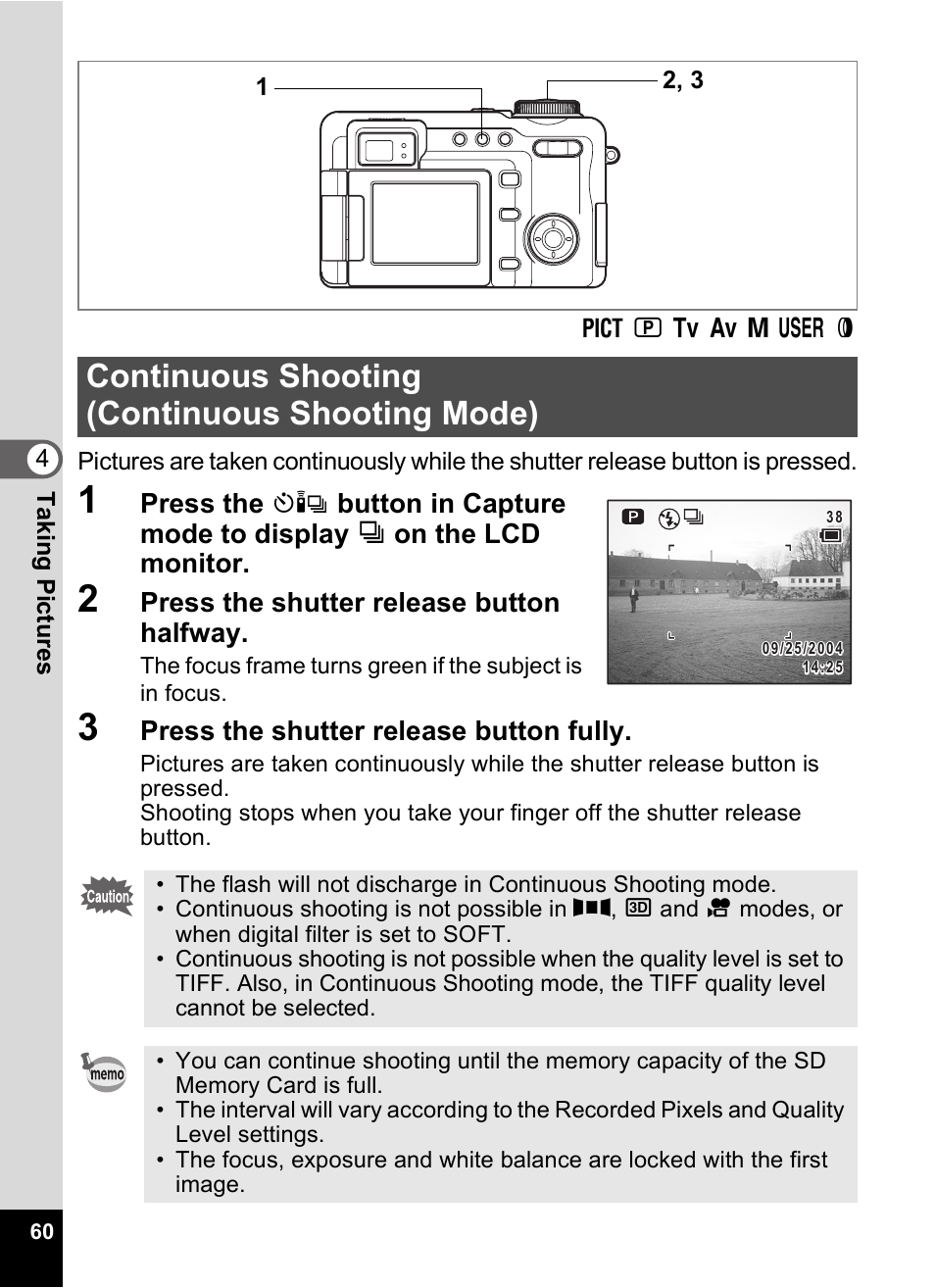 Continuous shooting (continuous shooting mode) | Pentax Optio Digital Camera 750Z User Manual | Page 62 / 200