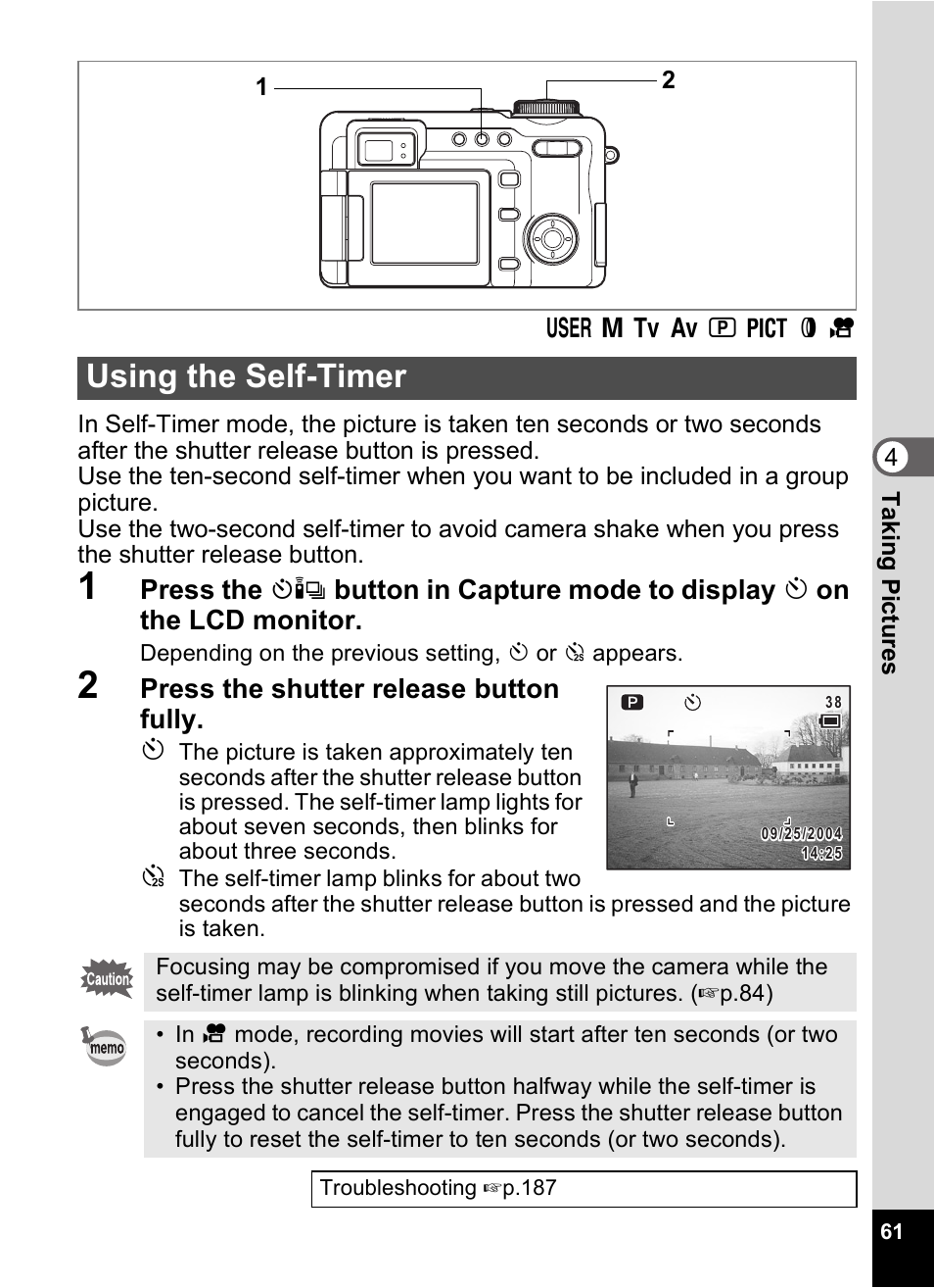Using the self-timer, Press the shutter release button fully. g | Pentax Optio Digital Camera 750Z User Manual | Page 63 / 200