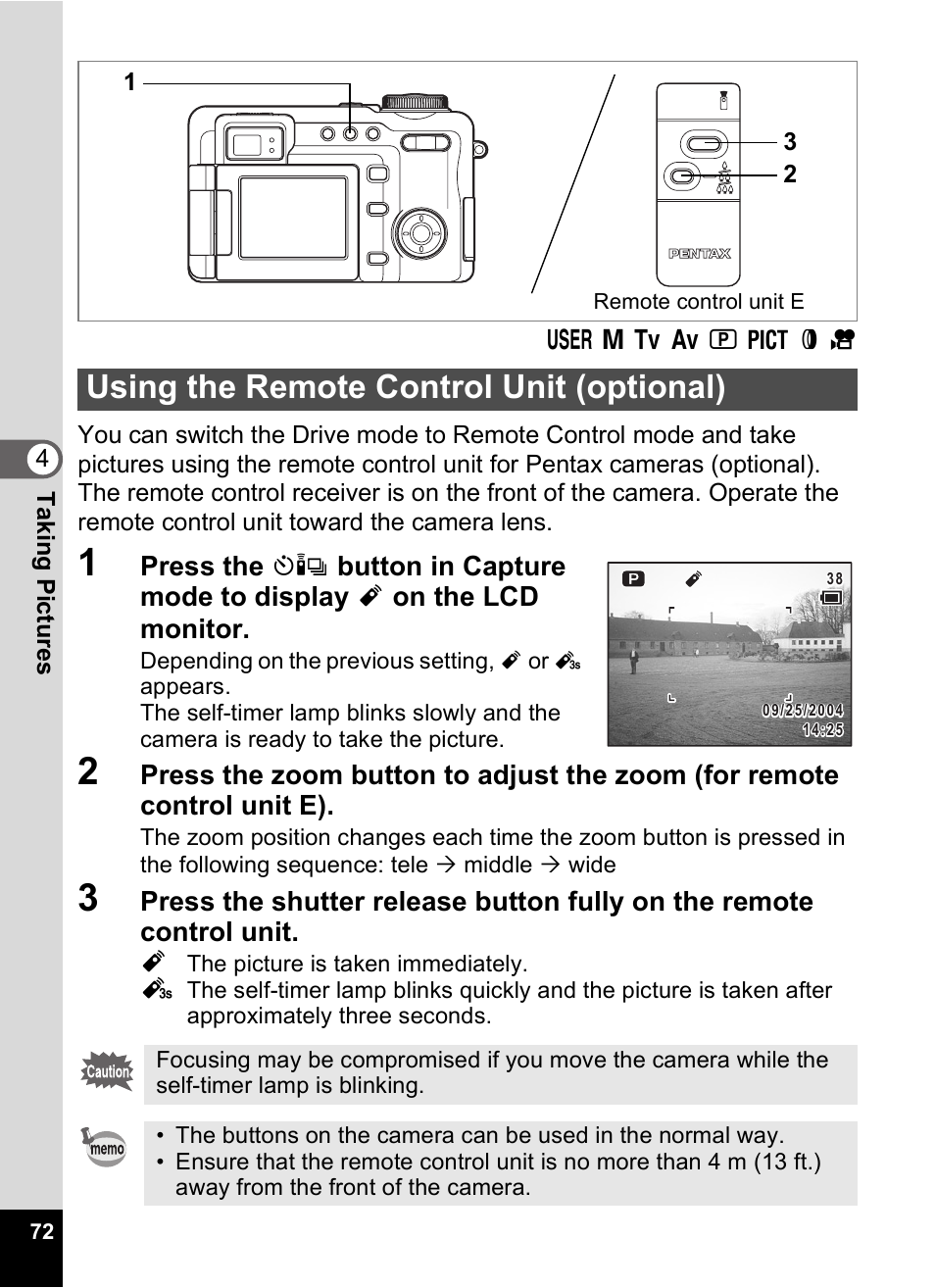 Using the remote control unit (optional) | Pentax Optio Digital Camera 750Z User Manual | Page 74 / 200