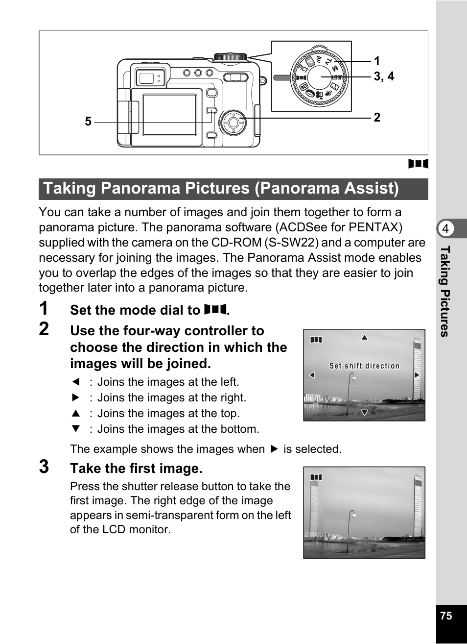 Taking panorama pictures (panorama assist), P.75 | Pentax Optio Digital Camera 750Z User Manual | Page 77 / 200