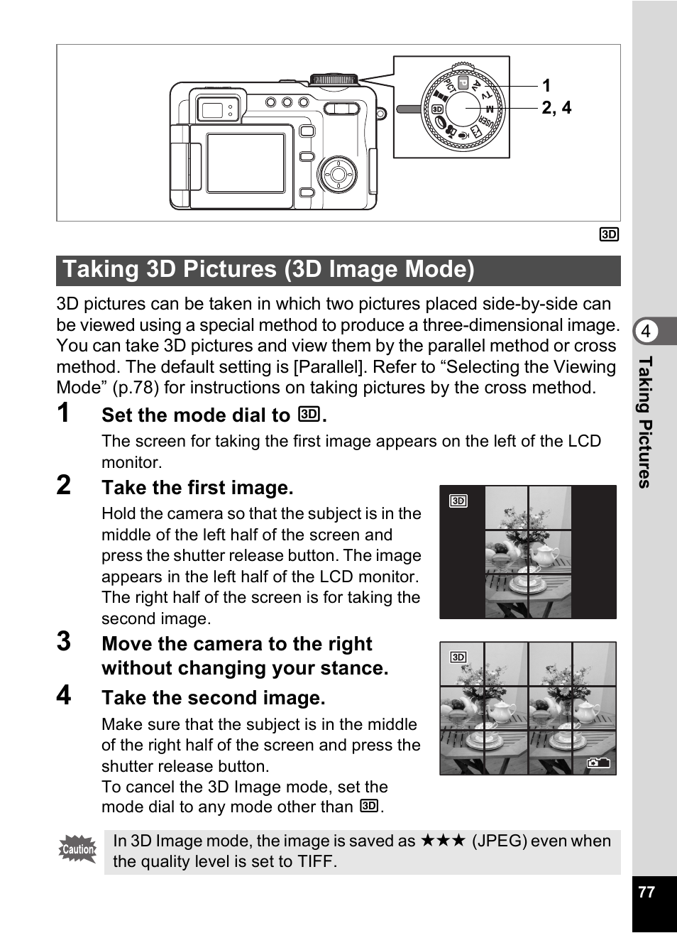 Taking 3d pictures (3d image mode), P.77 | Pentax Optio Digital Camera 750Z User Manual | Page 79 / 200