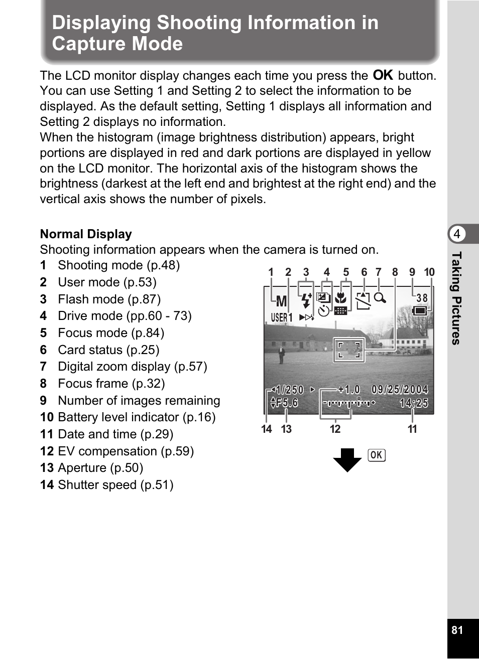 Displaying shooting information in capture mode, P.81 | Pentax Optio Digital Camera 750Z User Manual | Page 83 / 200