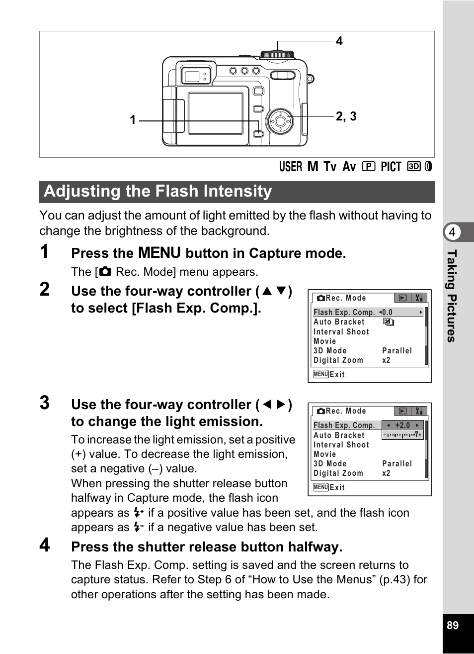 Adjusting the flash intensity, P.89, Press the 3 button in capture mode | Press the shutter release button halfway | Pentax Optio Digital Camera 750Z User Manual | Page 91 / 200