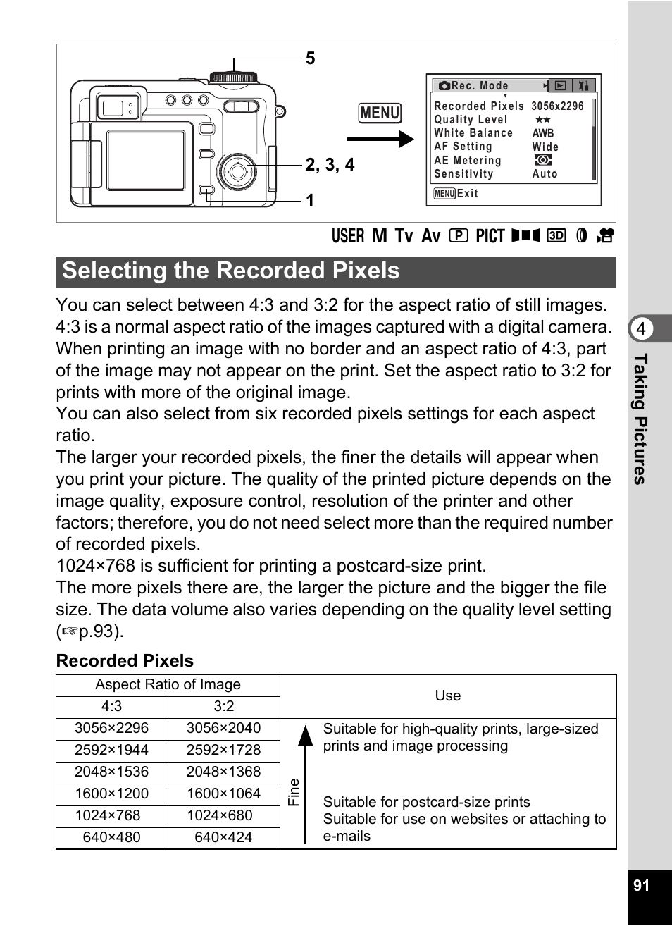 Selecting the recorded pixels, P.91, P.91) | Pentax Optio Digital Camera 750Z User Manual | Page 93 / 200