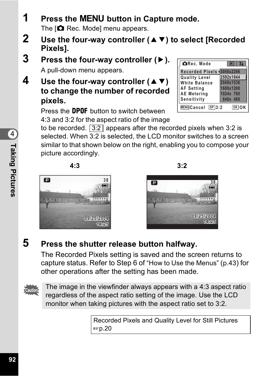 Press the 3 button in capture mode, Press the four-way controller ( 5 ), Press the shutter release button halfway | Pentax Optio Digital Camera 750Z User Manual | Page 94 / 200