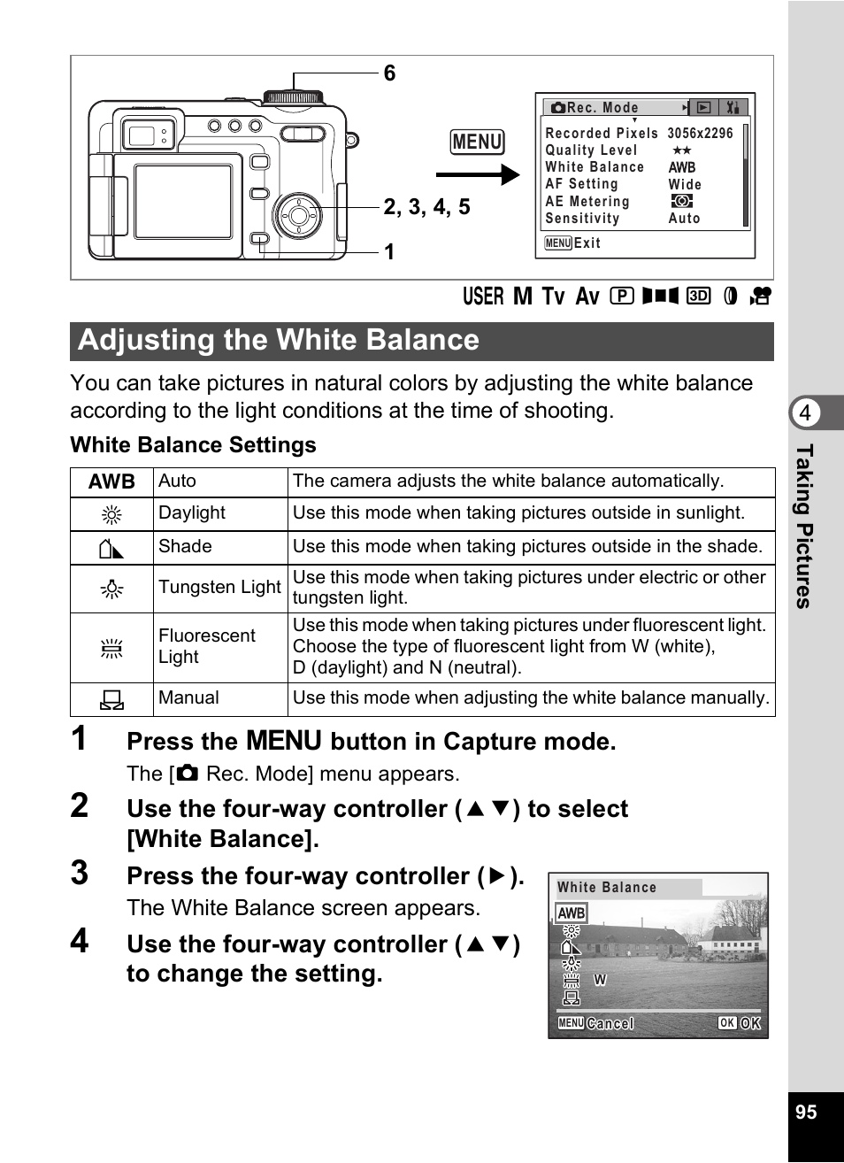 Adjusting the white balance, P.95, E (p.95) | Press the 3 button in capture mode, Press the four-way controller ( 5 ) | Pentax Optio Digital Camera 750Z User Manual | Page 97 / 200