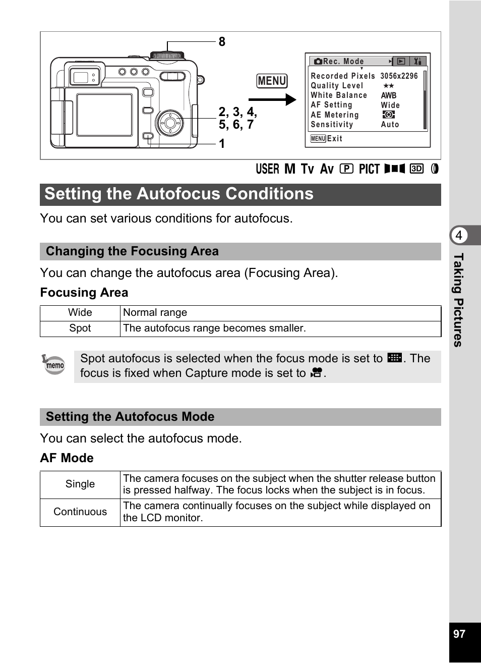 Setting the autofocus conditions, P.97 | Pentax Optio Digital Camera 750Z User Manual | Page 99 / 200