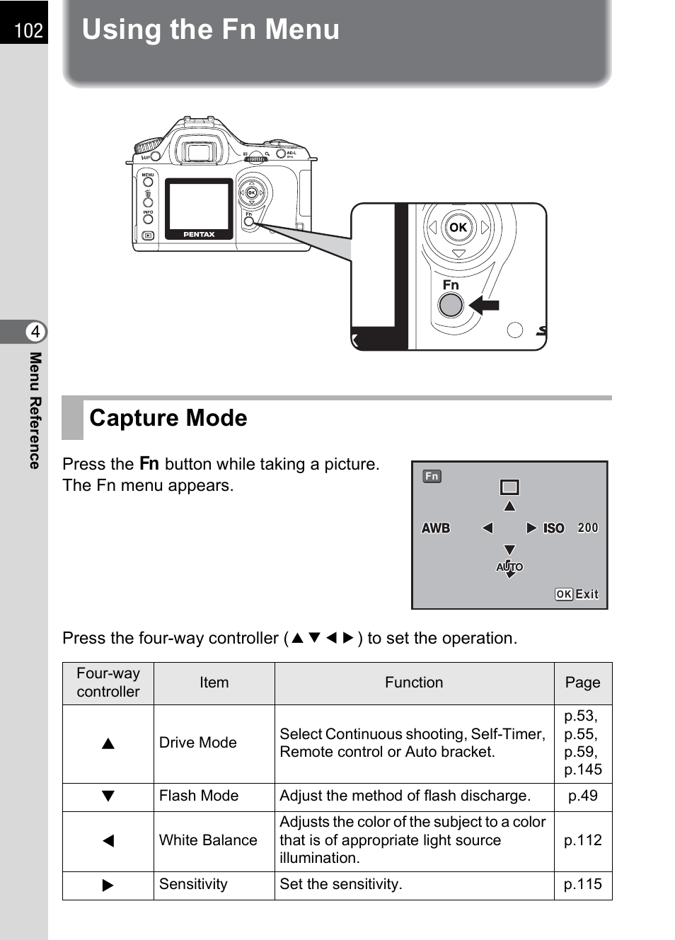 Using the fn menu, Capture mode, P.102 | P.102), Ng operation. (p.102) | Pentax *ist IST DS User Manual | Page 104 / 208