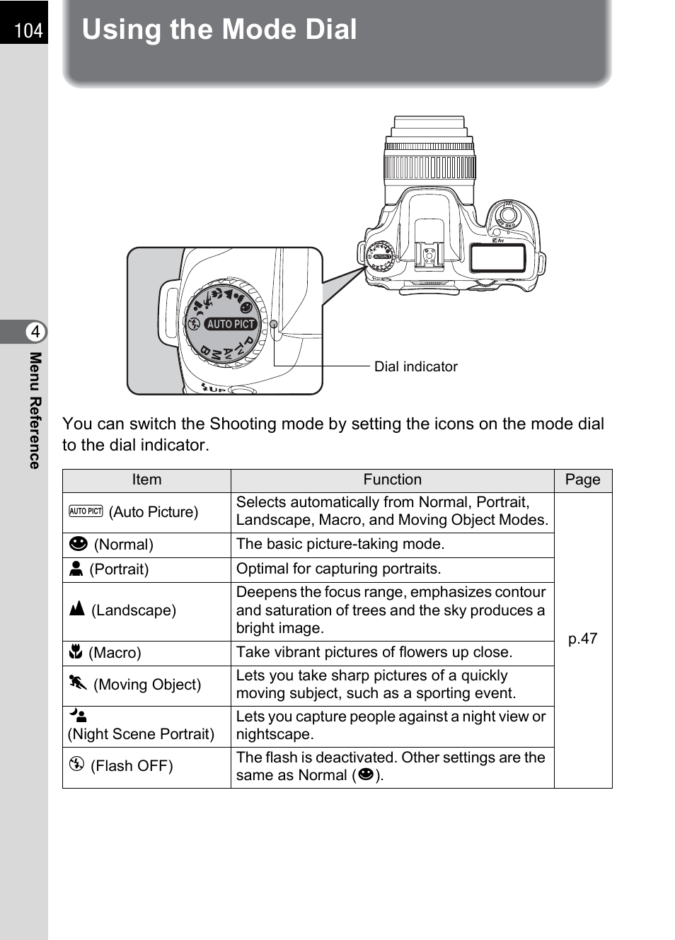 Using the mode dial, P.104) | Pentax *ist IST DS User Manual | Page 106 / 208