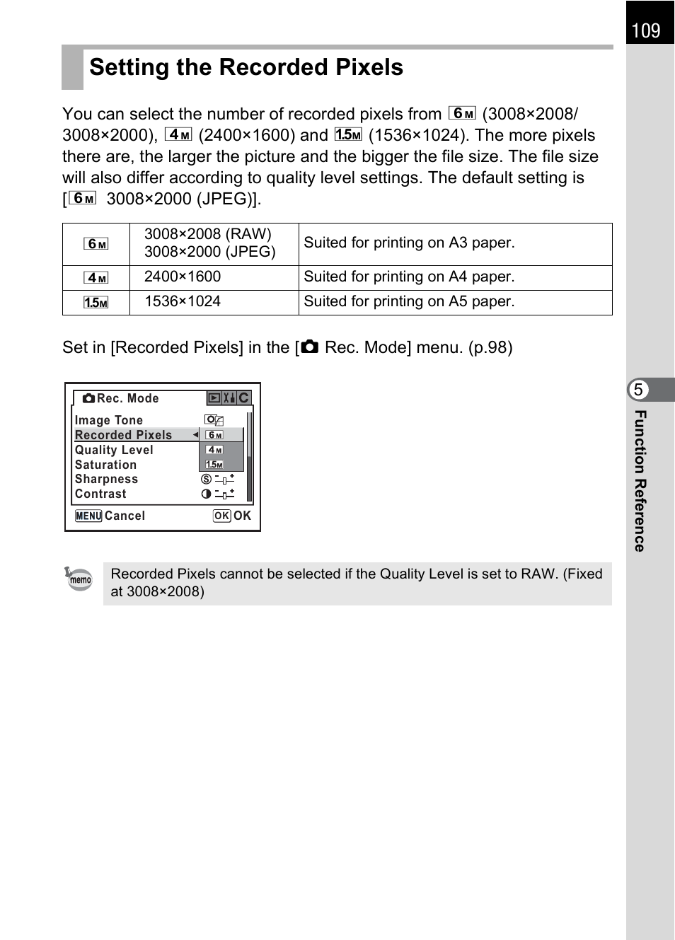 Setting the recorded pixels, P.109), P.109 | Pentax *ist IST DS User Manual | Page 111 / 208