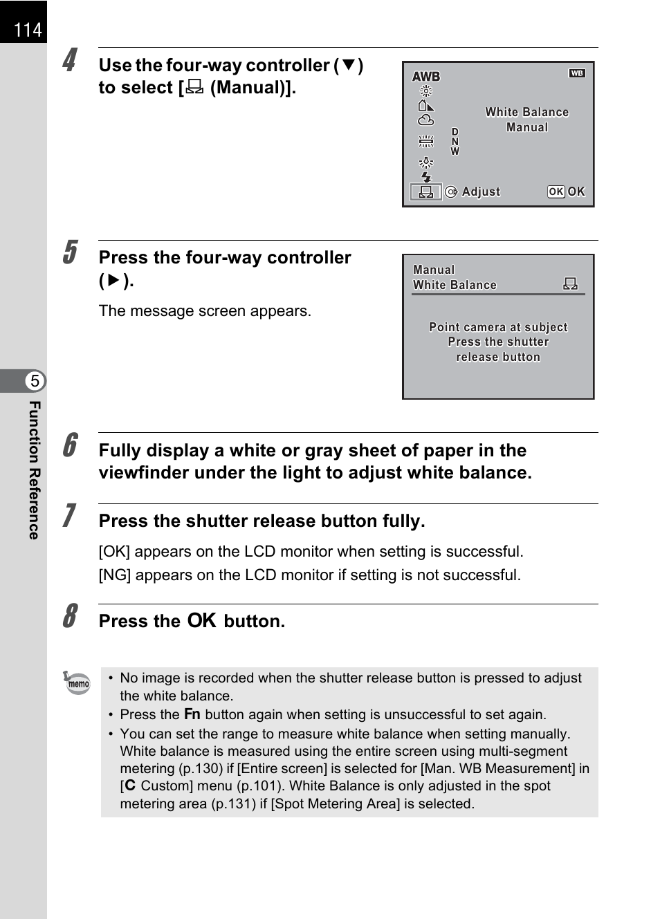 Press the four-way controller ( 5 ), Press the shutter release button fully, Press the 4 button | Pentax *ist IST DS User Manual | Page 116 / 208