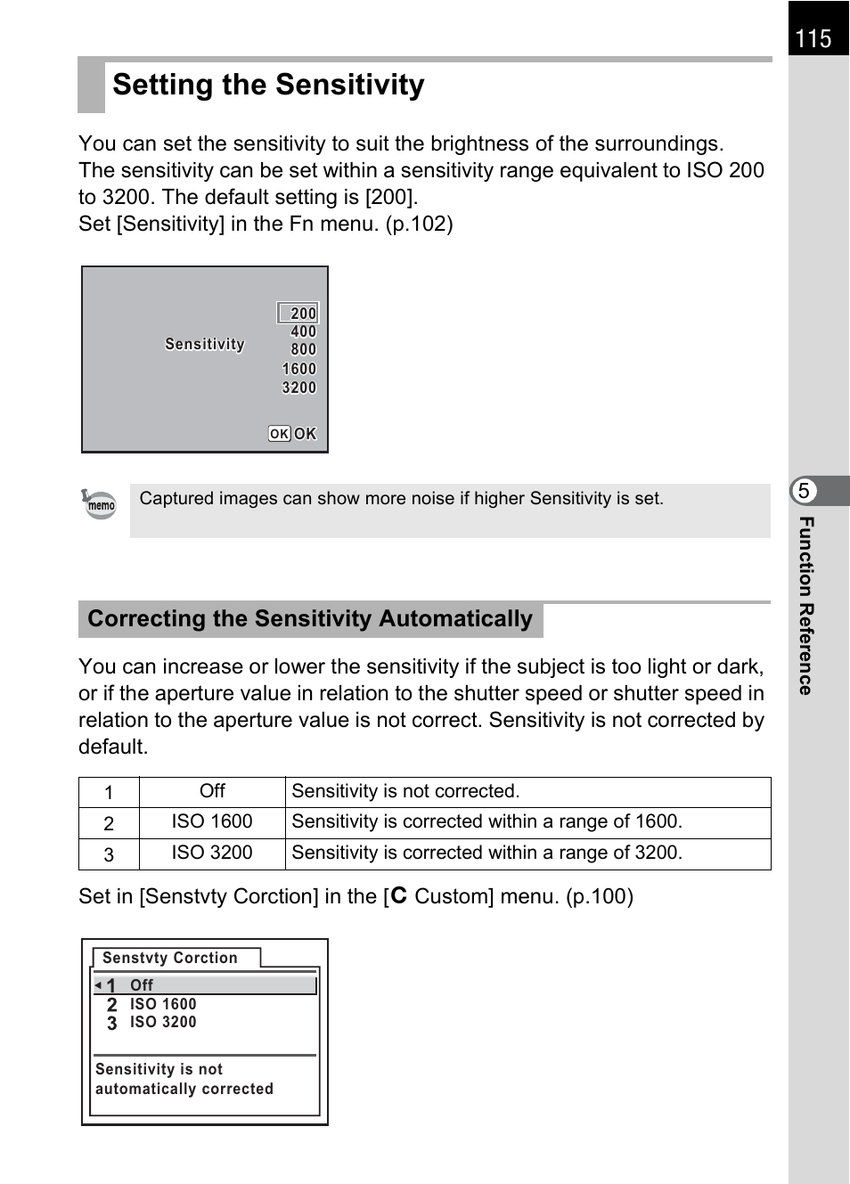 Setting the sensitivity, P.115, P.115) | Correcting the sensitivity automatically | Pentax *ist IST DS User Manual | Page 117 / 208