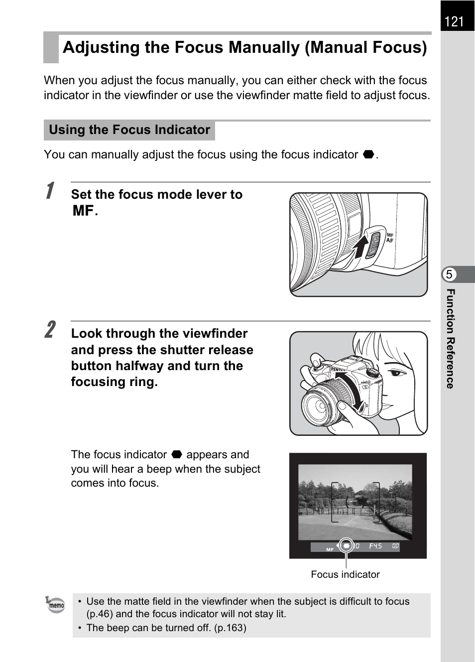 Adjusting the focus manually (manual focus), P.121) | Pentax *ist IST DS User Manual | Page 123 / 208