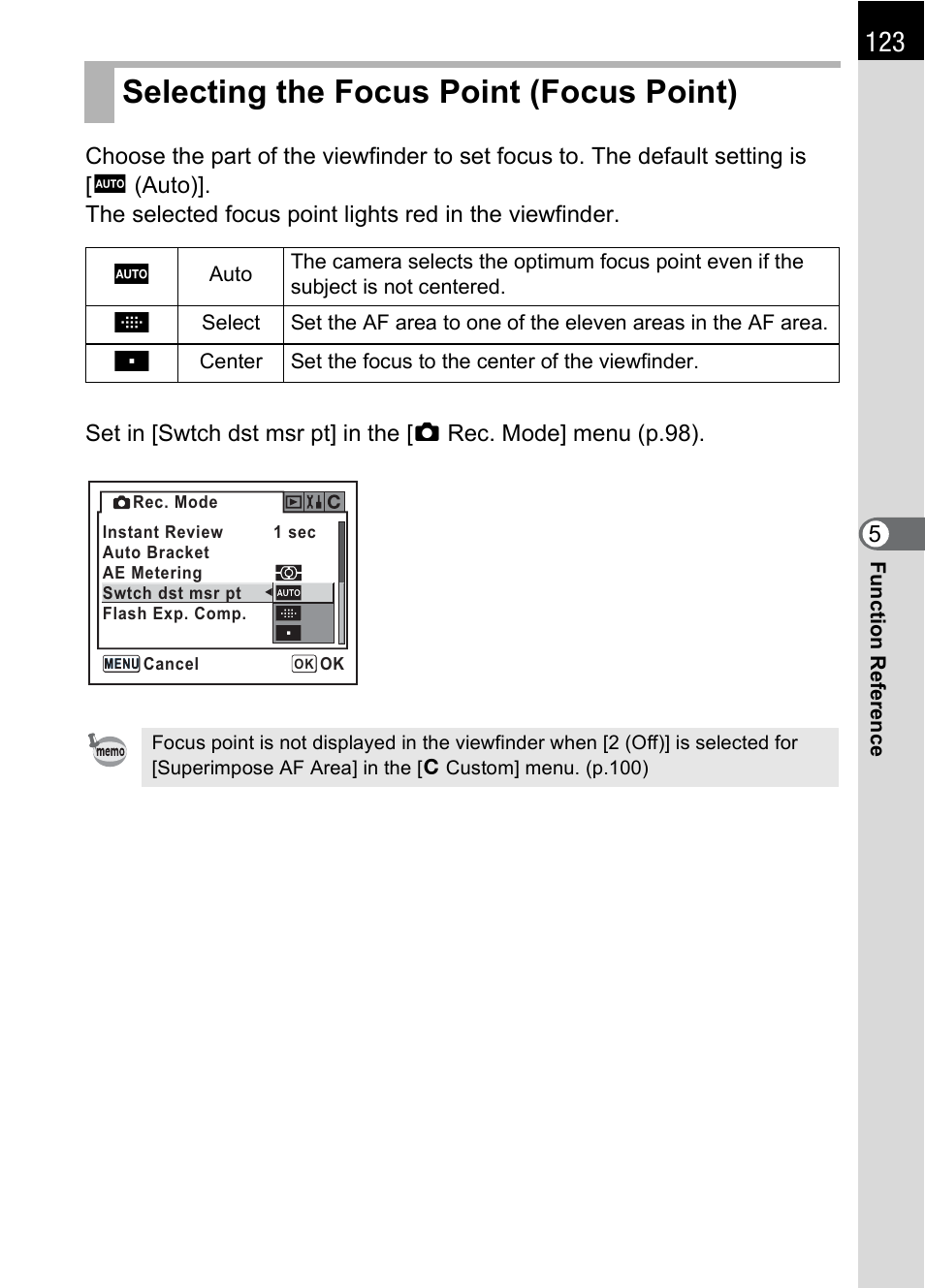 Selecting the focus point (focus point), P.123, On (p.123) | P.123), T (p.123), R (p.123) | Pentax *ist IST DS User Manual | Page 125 / 208