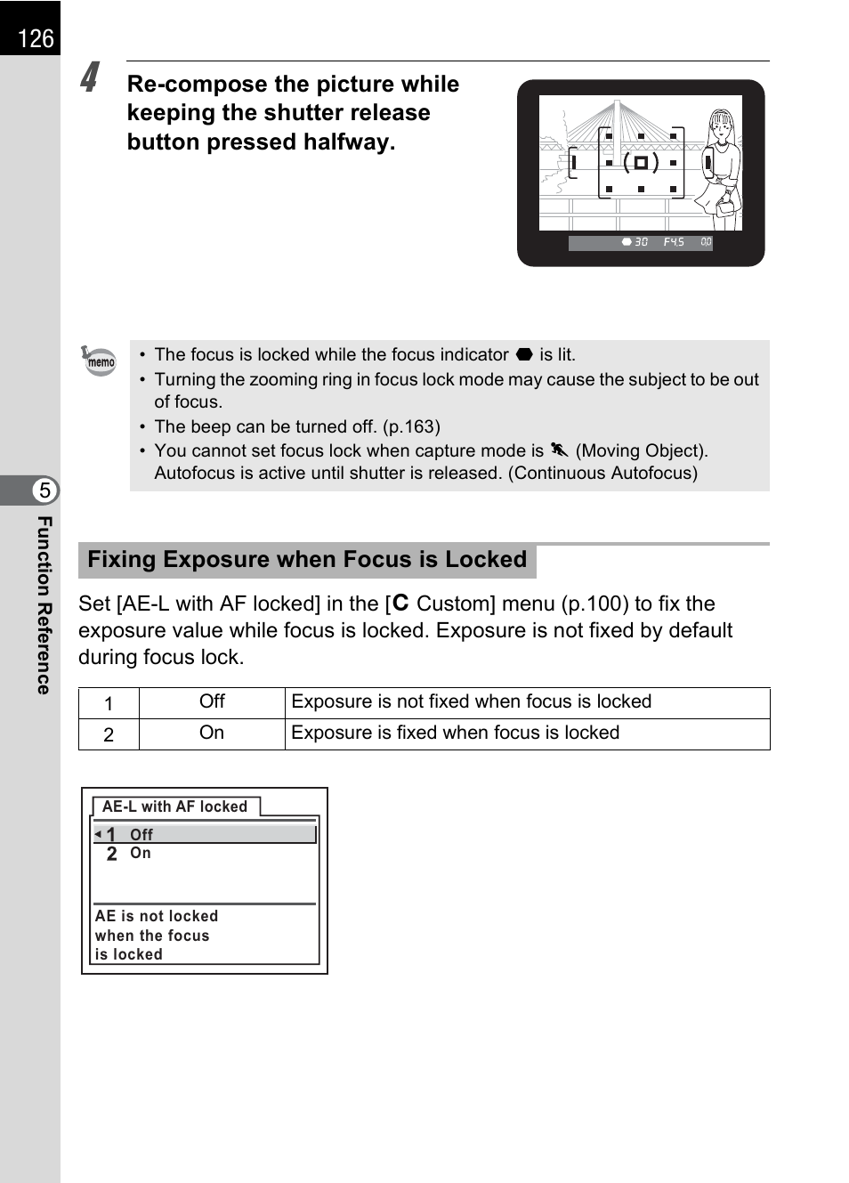 P.126, Fixing exposure when focus is locked | Pentax *ist IST DS User Manual | Page 128 / 208
