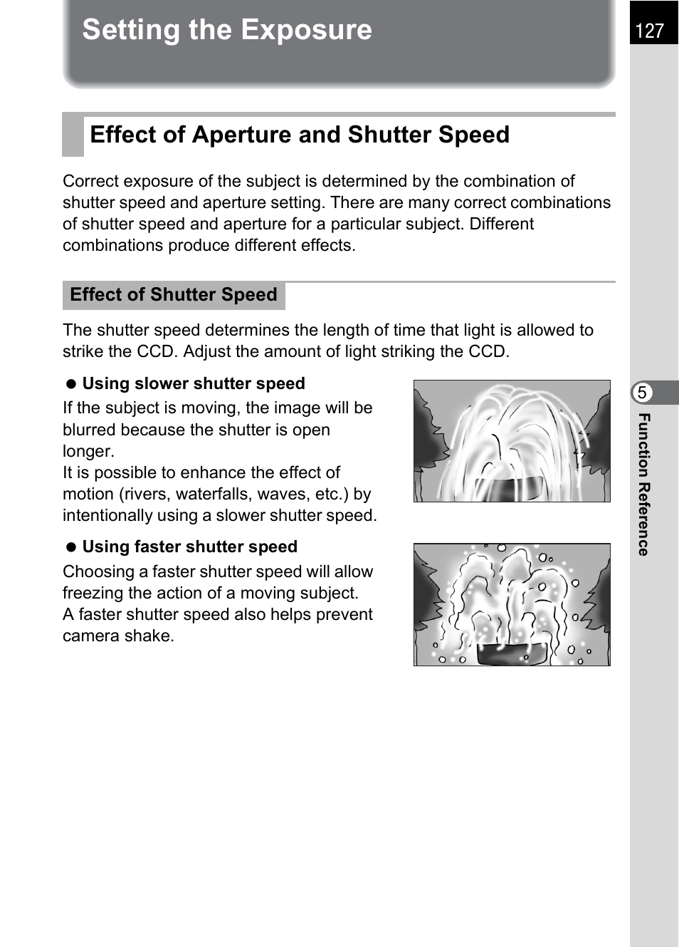 Setting the exposure, Effect of aperture and shutter speed | Pentax *ist IST DS User Manual | Page 129 / 208