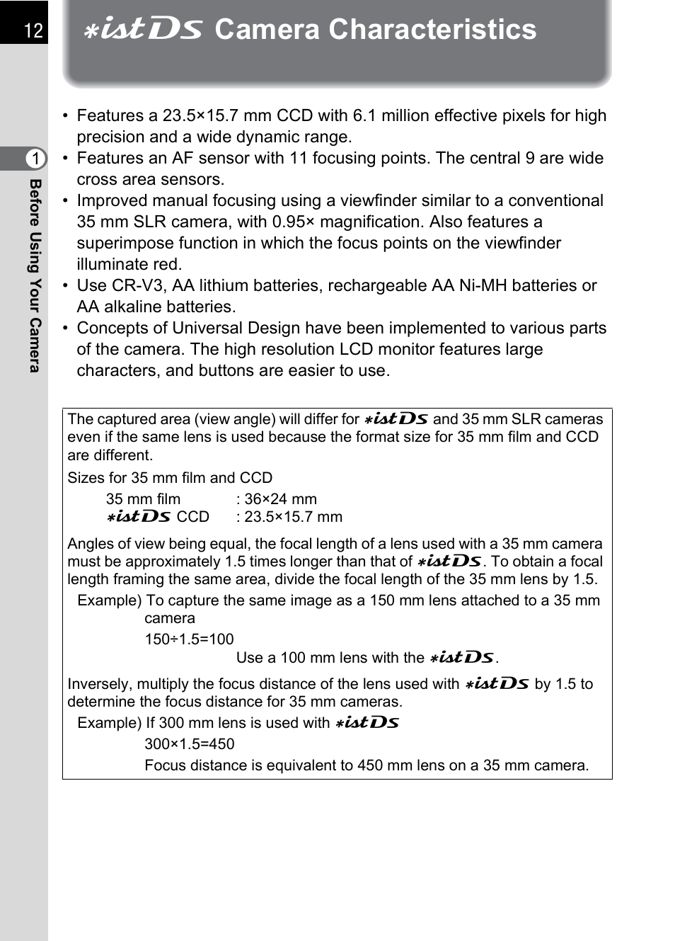 Istds camera characteristics, J camera characteristics | Pentax *ist IST DS User Manual | Page 14 / 208