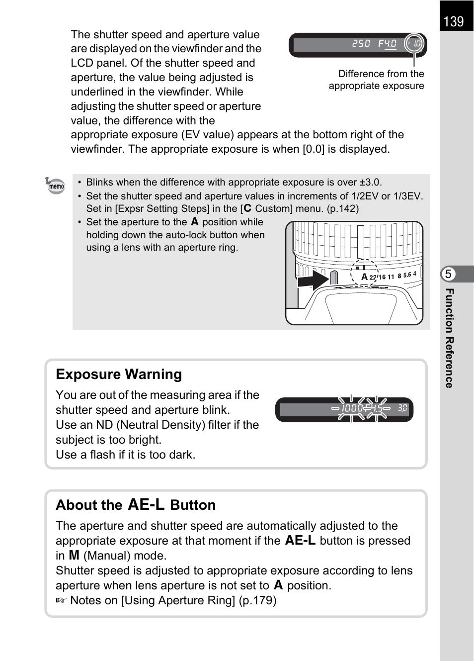 Exposure warning, About the l button | Pentax *ist IST DS User Manual | Page 141 / 208