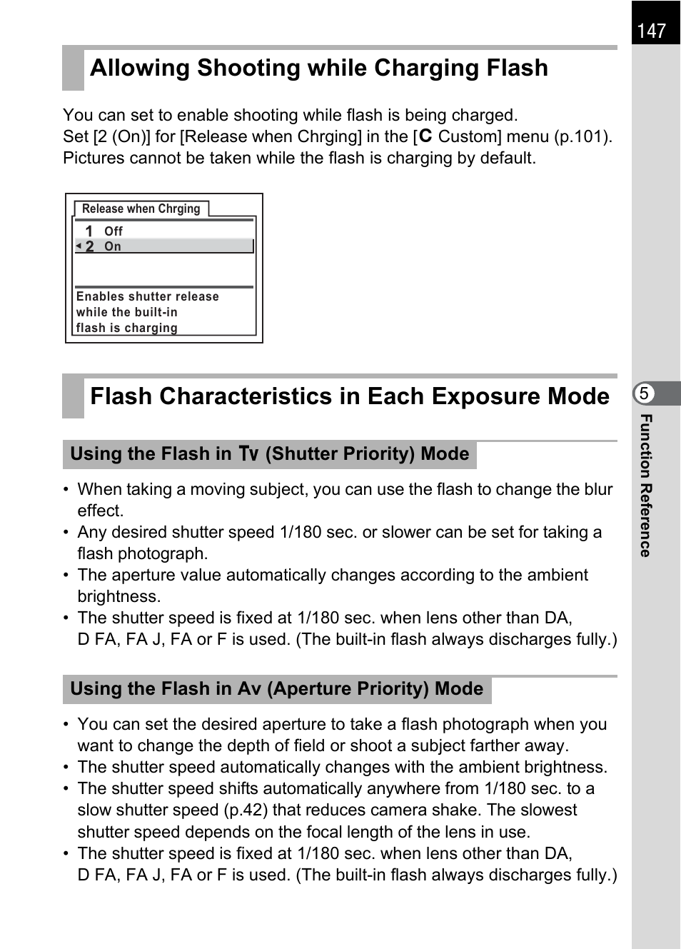 Allowing shooting while charging flash, Flash characteristics in each exposure mode, P.147 | Pentax *ist IST DS User Manual | Page 149 / 208