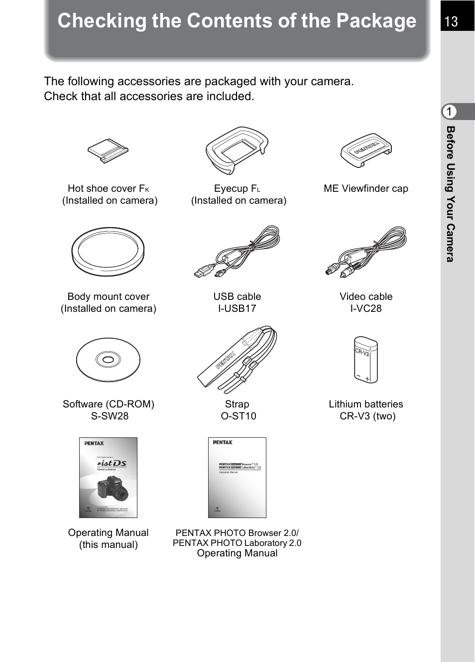 Checking the contents of the package | Pentax *ist IST DS User Manual | Page 15 / 208