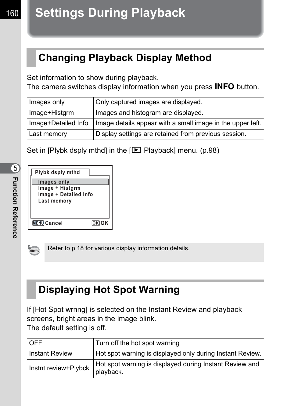 Settings during playback, Changing playback display method, Displaying hot spot warning | P.160, Displaying hot spot warning (p.160) | Pentax *ist IST DS User Manual | Page 162 / 208