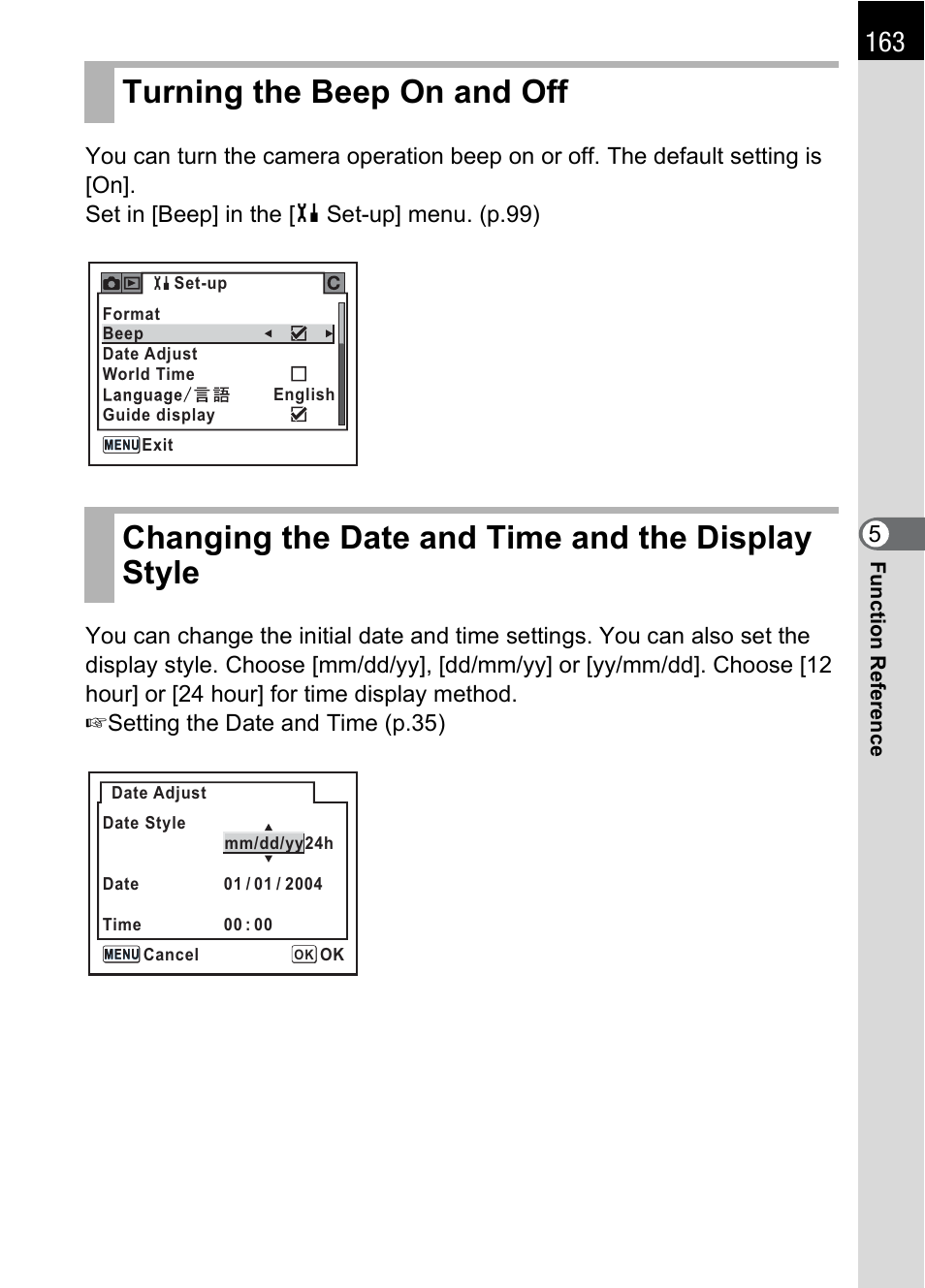 Turning the beep on and off, Changing the date and time and the display style, P.163) | P.163 | Pentax *ist IST DS User Manual | Page 165 / 208