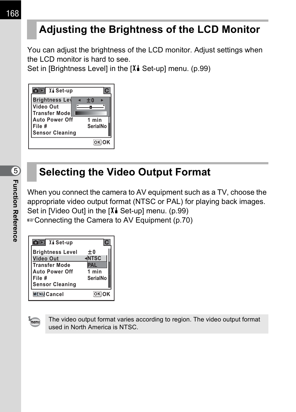 Adjusting the brightness of the lcd monitor, Selecting the video output format, P.168 | Pentax *ist IST DS User Manual | Page 170 / 208
