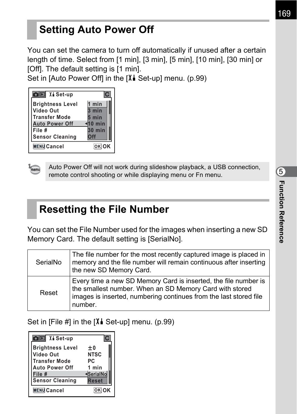 Setting auto power off, Resetting the file number, Setting auto power off resetting the file number | Er (p.169), P.169 | Pentax *ist IST DS User Manual | Page 171 / 208