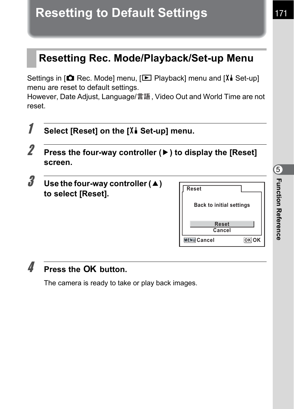 Resetting to default settings, Resetting rec. mode/playback/set-up menu, P.171 | Pentax *ist IST DS User Manual | Page 173 / 208