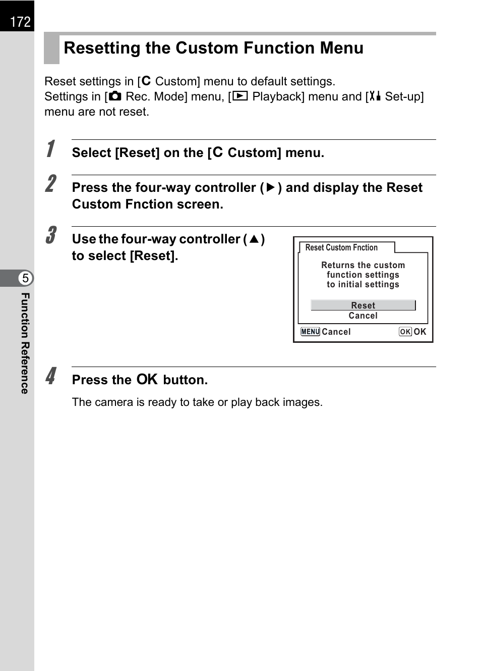 Resetting the custom function menu, P.172 | Pentax *ist IST DS User Manual | Page 174 / 208